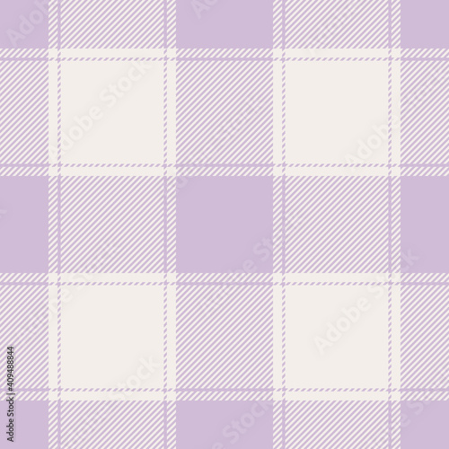 Buffalo check plaid pattern in light purple and off white. Seamless graphic background for flannel shirt, skirt, gift wrapping paper, or other modern spring summer textile print.