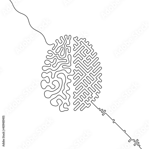Human brain vs artificial intelligence continuous line drawing concept, Ai and organic brain hemispheres wired together, single line neurointerface icon, humanity and machines interconnection