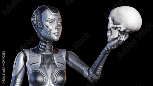 3d render of detailed robot woman  or humanoid cyber girl holding human's skull. Front view of the upper body isolated on black background © Mykola