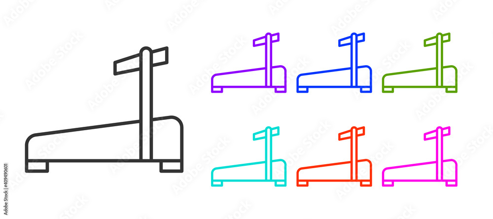 Black line Treadmill machine icon isolated on white background. Set icons colorful. Vector. Black line Treadmill machine icon isolated on white background. Set icons colorful. Vector.