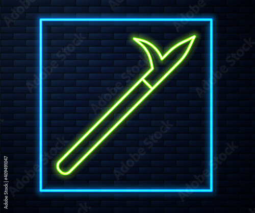 Glowing neon line Metal pike pole with wooden handle icon isolated on brick wall background. Spear, pickaxe, hook hand extinguishing instrument and tool for fireman. Vector.