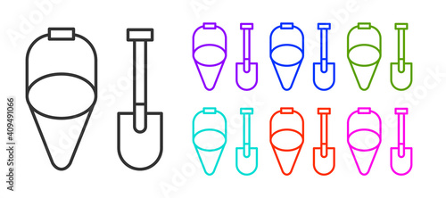 Black line Fire shovel and cone bucket icon isolated on white background. Set icons colorful. Vector.