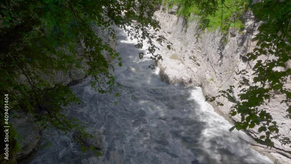Khadzhokhsky gorge. Narrow part of the gorge Belaya River. Kamennomostsky. View from the beginning of the river gorge