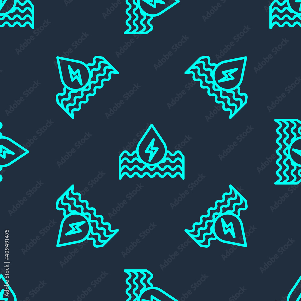 Green line Water energy icon isolated seamless pattern on blue background. Ecology concept with water droplet. Alternative energy concept. Vector. Green line Water energy icon isolated seamless pattern on blue background. Ecology concept with water droplet. Alternative energy concept. Vector.
