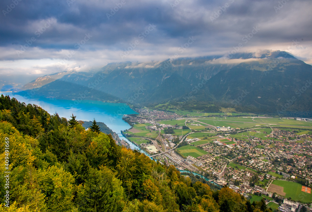 Aerial view of Interlaken town and and Lake Brienz from view point  at Harder Kulm.  Switzerland.