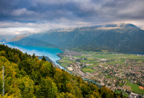 Aerial view of Interlaken town and and Lake Brienz from view point  at Harder Kulm.  Switzerland. © borisbelenky