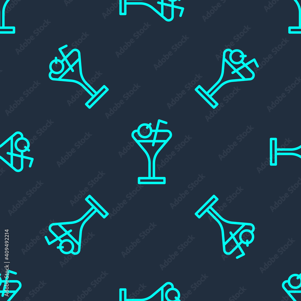 Obraz premium Green line Martini glass icon isolated seamless pattern on blue background. Cocktail icon. Wine glass icon. Vector.
