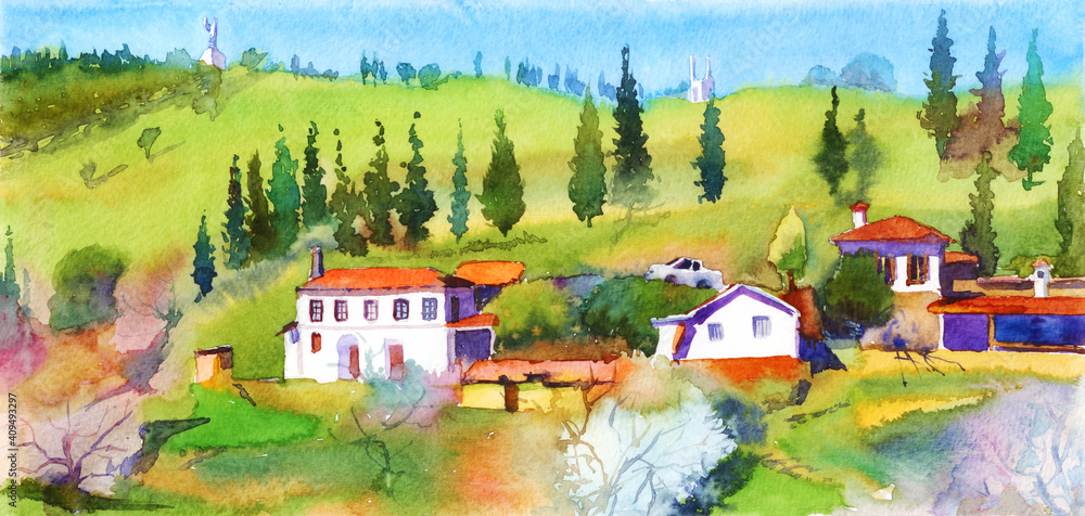 Watercolor landscape Cypress hill