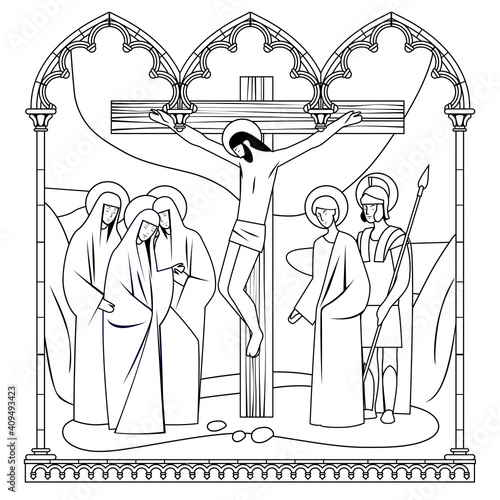 Scene of the Crucifixion of Christ in a classic Gothic frame. Linear drawing for a coloring book