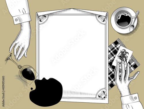 Menu list template with hands, overturned transparent wine glass, poured red wine, paper sheet banner, joker playing card and coffee cup