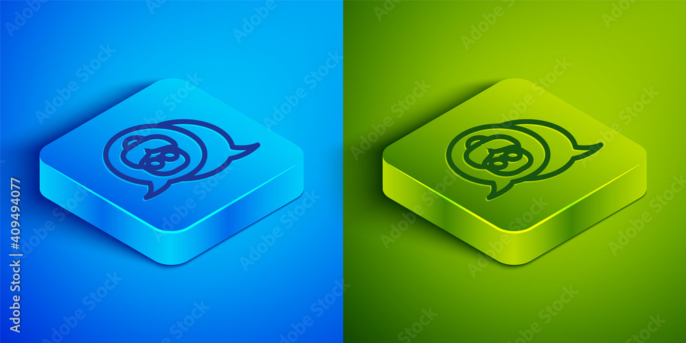 Isometric line Grandmother icon isolated on blue and green background. Square button. Vector. Isometric line Grandmother icon isolated on blue and green background. Square button. Vector.
