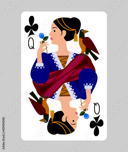 Queen of Clubs playing card in funny flat modern style. Faces double sized. Original design. Vector illustration