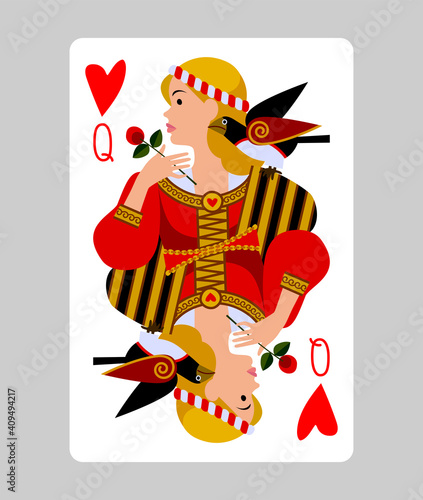 Queen of Hearts playing card in funny flat modern style. Faces double sized. Original design. Vector illustration