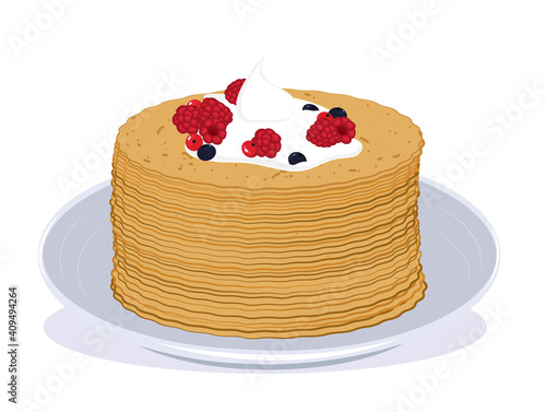 A stack of pancakes covered with sour cream and berries