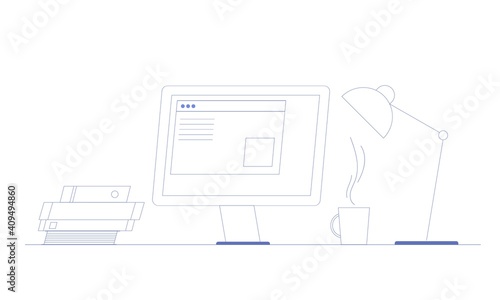 Workplace concept with computer, lamp, coffee cup, books. Outline vector illustration © Jango_art