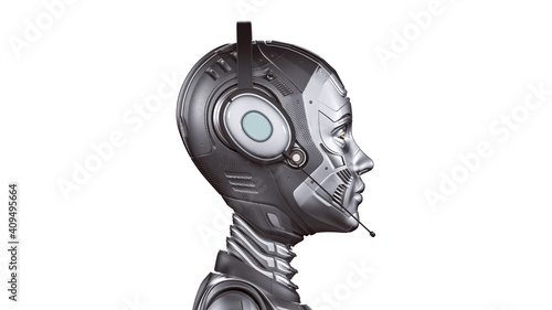 3d render of detailed robot woman or futuristic cyber girl with headset. Side view of the head. Isolated on white background