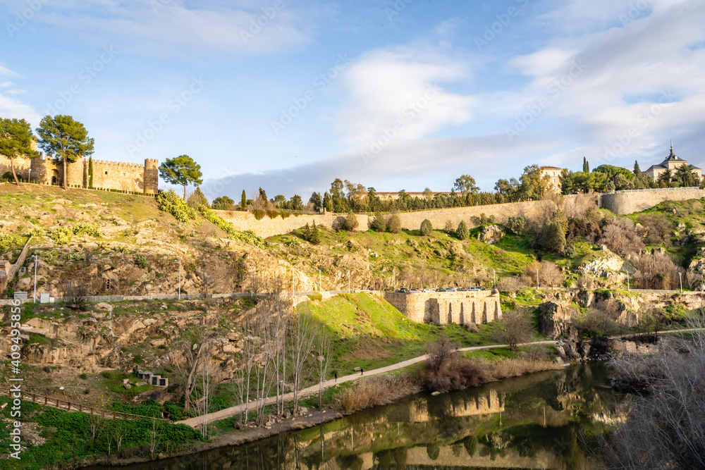 Sunny Landscape on Toledo Mountain View with Castillo San Servando castle