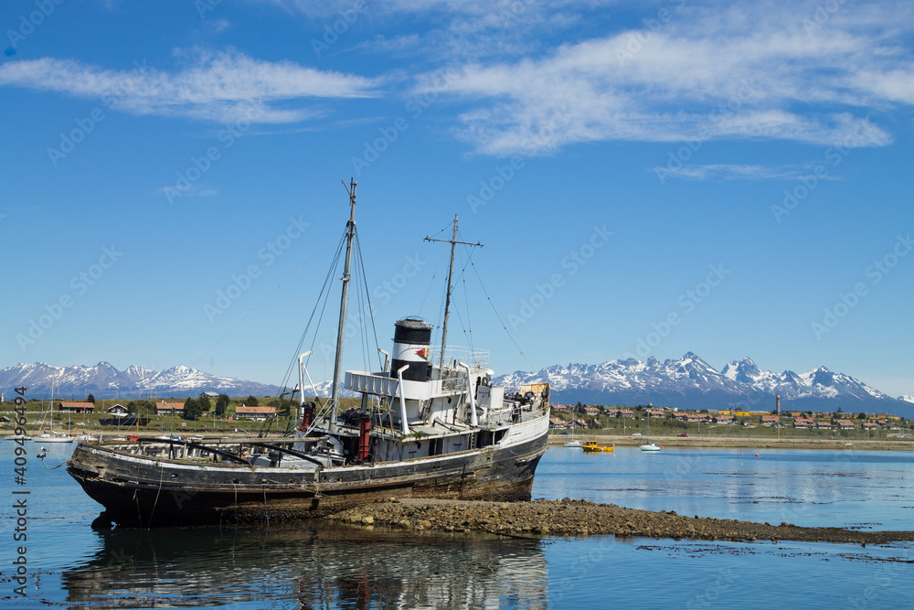 Beached ship on Ushuaia port, Argentina landscape