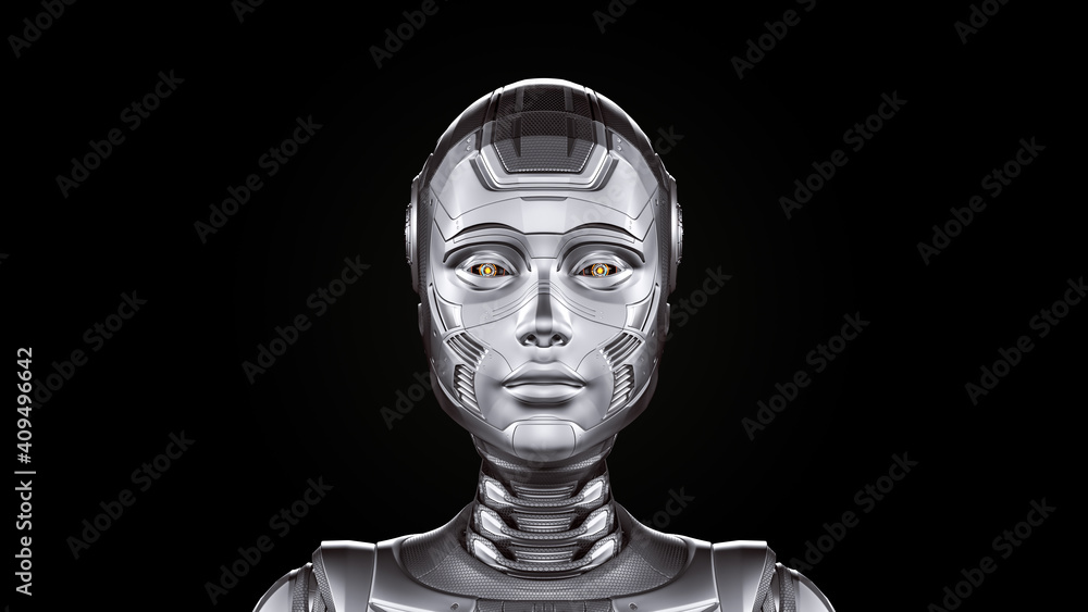 3d render of a very detailed robot woman or futuristic cyber girl. Fornt view of the head isolated on black background 3d render of a very detailed robot woman or futuristic cyber girl. Fornt view of the head isolated on black background