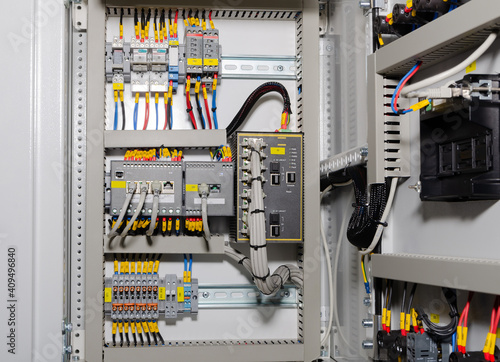 Obraz na płótnie Electrical control box with electrical devices closeup