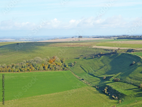 Aerial view of the fields at Monks Down in Wiltshire 