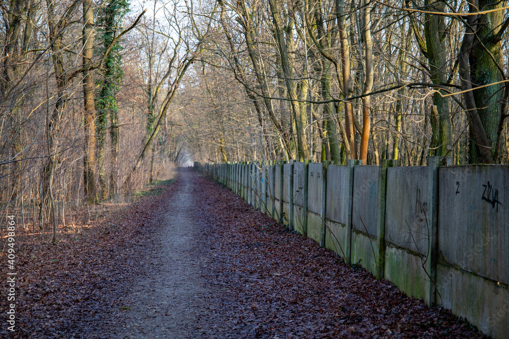 Remains of an old typical Soviet concrete wall. Background image of the wall from earlier positions of the Soviet Red Army in GDR times in Germany Remains of an old typical Soviet concrete wall. Background image of the wall from earlier positions of the Soviet Red Army in GDR times in Germany