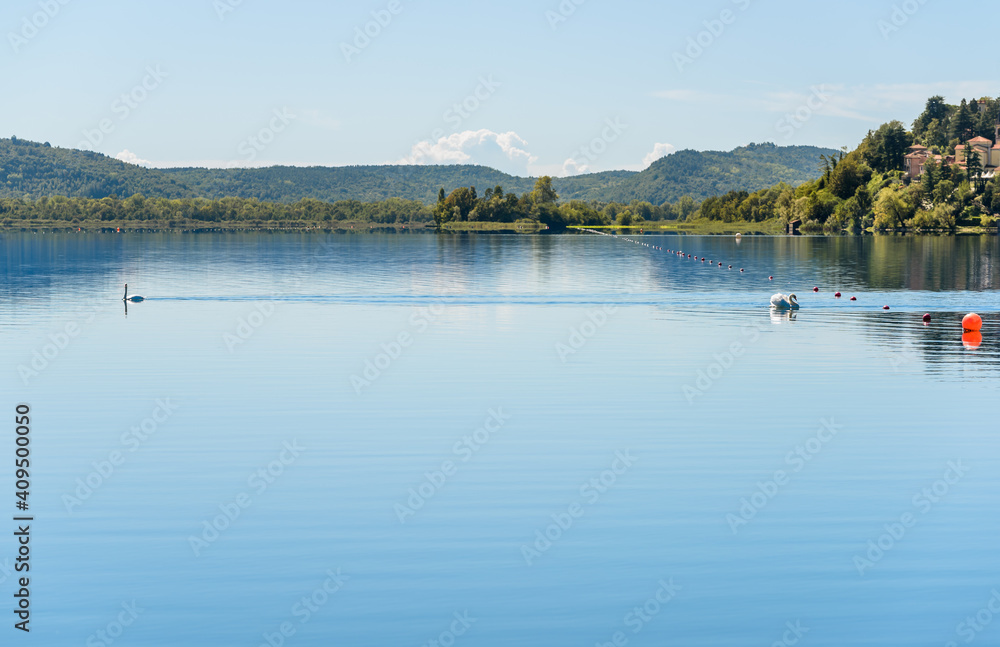 Landscape of Lake Varese from lakefront of Gavirate, Lombardy, Italy
