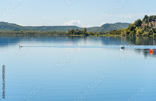 Landscape of Lake Varese from lakefront of Gavirate  Lombardy  Italy