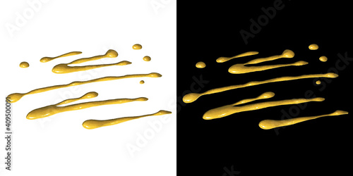 Mustard splashes or yellow cheese sause hand drawn illustration. Paint drops isolated on white and black background