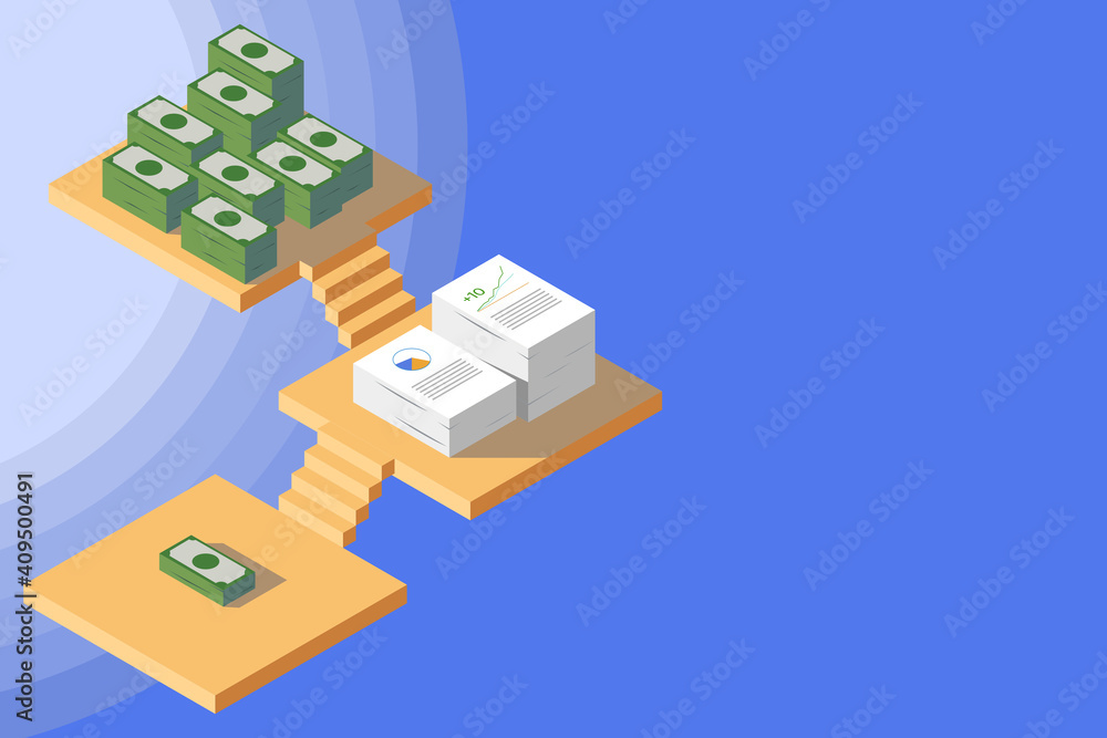 Stairway to money concept, money and heap of paper on staircase in isometric 3d vector. Stairway to money concept, money and heap of paper on staircase in isometric 3d vector.