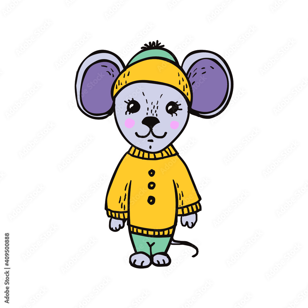 Obraz premium Little mouse in a sweater and a hat. Children's vector illustration