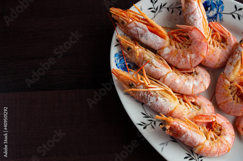Fresh and delicious seafood, cooked shrimps. Whole cooked tiger prawn.Top view