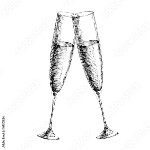 Vector hand drawn sketch black illustration of two champagne glasses couple love drink on white background