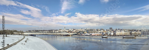 Belgrade Winter Panorama with Sava River, Branko's Bridge, Savamala Area, Kalemegdan park and Old City skyline.