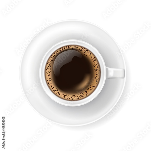 Top view at white coffee cup on plate. Realistic vector illustration of hot coffee drink mug - espresso or americano. 3d caffeine beverage element for cafe menu