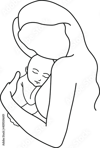 Minimalistic silhouette of woman holding baby. Mother and child. Modern illustration of mom. Black and white. White background. One line art.
