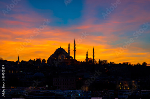 Silhouette of Suleymaniye Mosque and Golden Horn. Istanbul background photo. Ramadan in Istanbul. Islamic background. 
