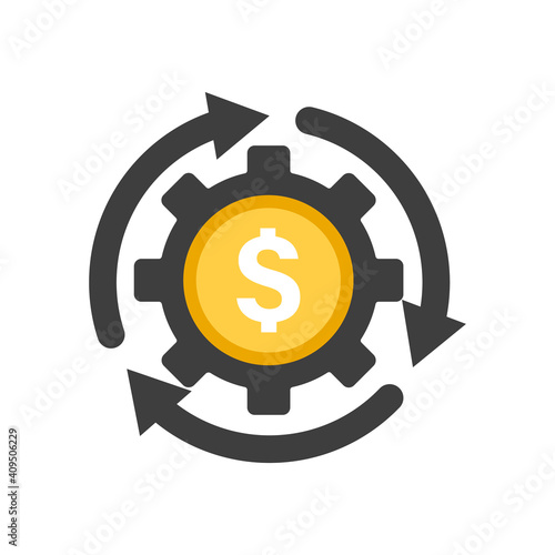 Development Cost Icon. Gray color. Money and gear.