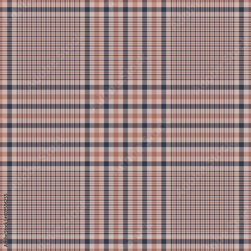 Large glen plaid pattern in blue, orange brown, and grey pink. Seamless tartan check plaid background for blanket, duvet cover, or other modern spring autumn winter fashion textile print.