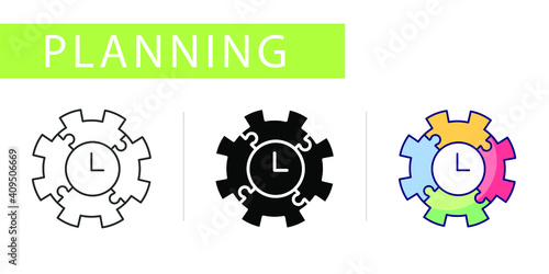 icons set, a gear consisting of several puzzle pieces and a clock