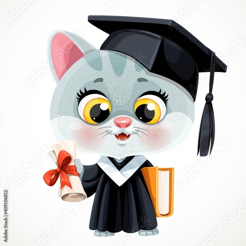 Cute cartoon smoky gray kitten holding a book and diploma in hands isolated on white background