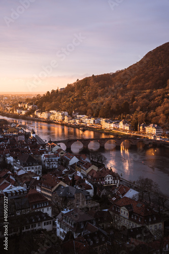 Sunset over the Neckar river in Heidelberg