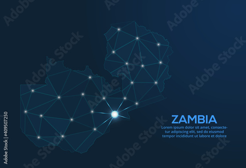 Zambia communication network map. Vector low poly image of a global map with lights in the form of cities. Map in the form of a constellation, mute and stars.