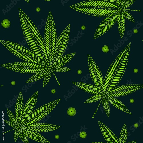 Seamless pattern with green embroidered cannabis leaves on dark green background.