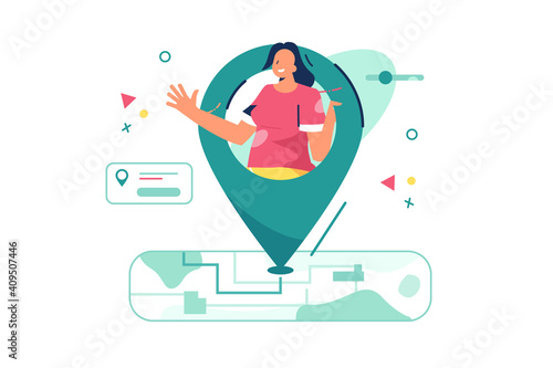 Current location of woman vector illustration. Map showing peoples location in current moment flat style. Gps navigation and online map concept. Isolated on white background