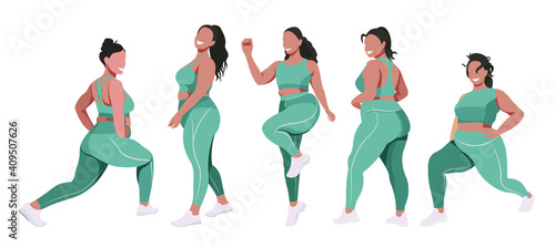 vector flat illustration on the topic of body positivity and physical activity. a group of healthy girls of natural beauty in leggings and sports bras are engaged in fitness. each figure is isolated.