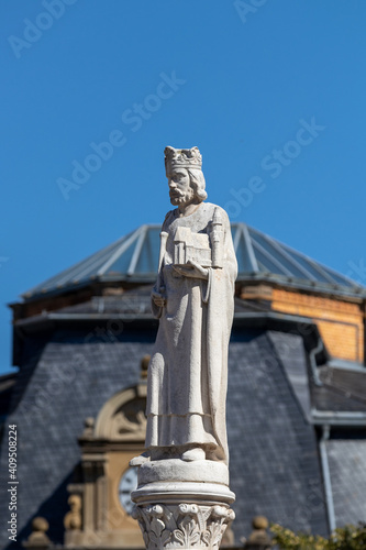 White statue on a fountain in the city Meiningen