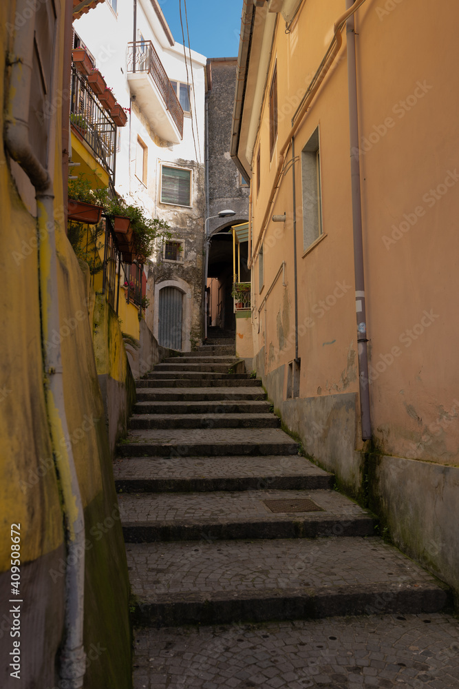 Contursi Terme, views of the alleys, old buildings, squares and doors. Stairs and walls of the ancient fortress.