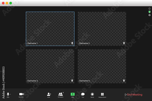Video conferencing user interface. Video call screen interface template. Application for social communication. Video conferencing window overlay. Four users.