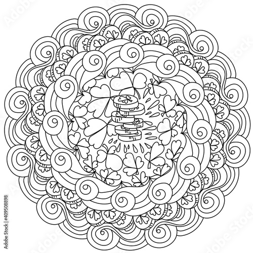 St. Patrick's day manadala with a stack of coins in the center, coloring page about luck and wealth